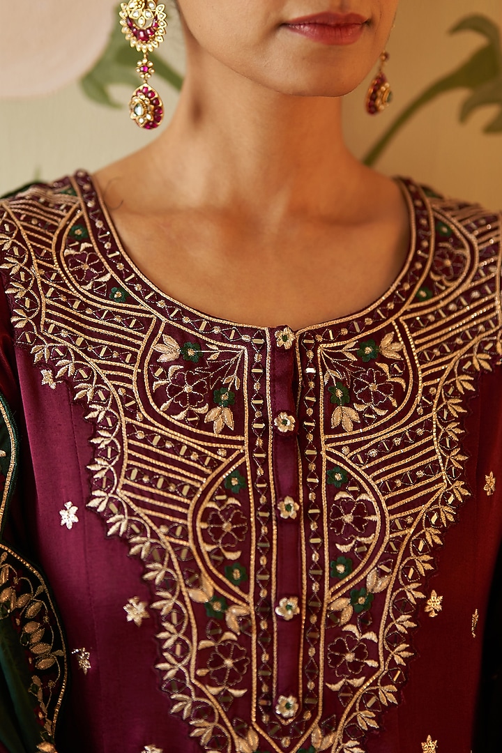 Wine Satin Silk Thread & Mirror Embroidered Bridal Anarkali Set by Angad Singh at Pernia's Pop Up Shop