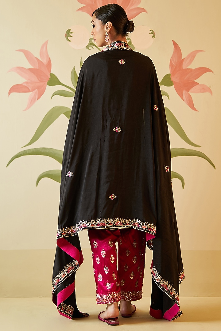Black Satin Silk Thread & Mirror Embroidered Bridal Anarkali Set by Angad Singh at Pernia's Pop Up Shop