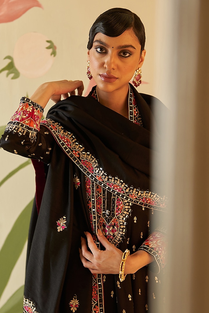 Black Satin Silk Thread & Mirror Embroidered Bridal Anarkali Set by Angad Singh at Pernia's Pop Up Shop