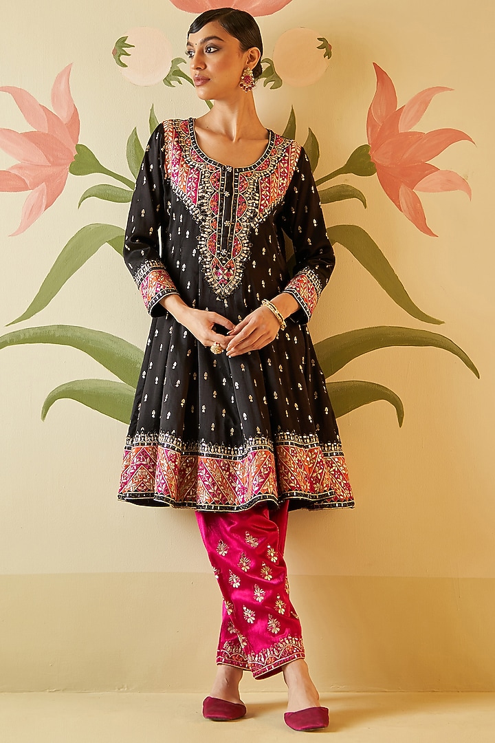 Black Satin Silk Thread & Mirror Embroidered Bridal Anarkali Set by Angad Singh at Pernia's Pop Up Shop