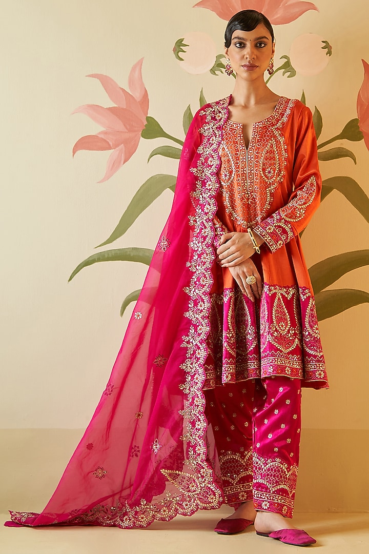 Orange Satin Silk Thread & Mirror Embroidered Bridal Anarkali Set by Angad Singh at Pernia's Pop Up Shop