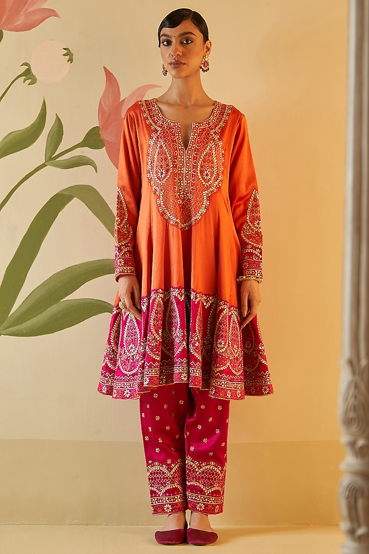 Orange Satin Silk Thread & Mirror Embroidered Bridal Anarkali Set by Angad Singh at Pernia's Pop Up Shop