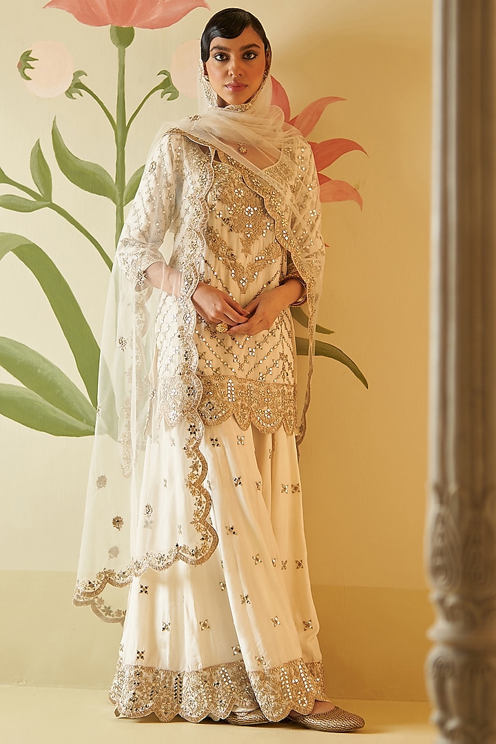 Ivory Satin Silk Mirror Work Sharara Set by Angad Singh at Pernia's Pop Up Shop