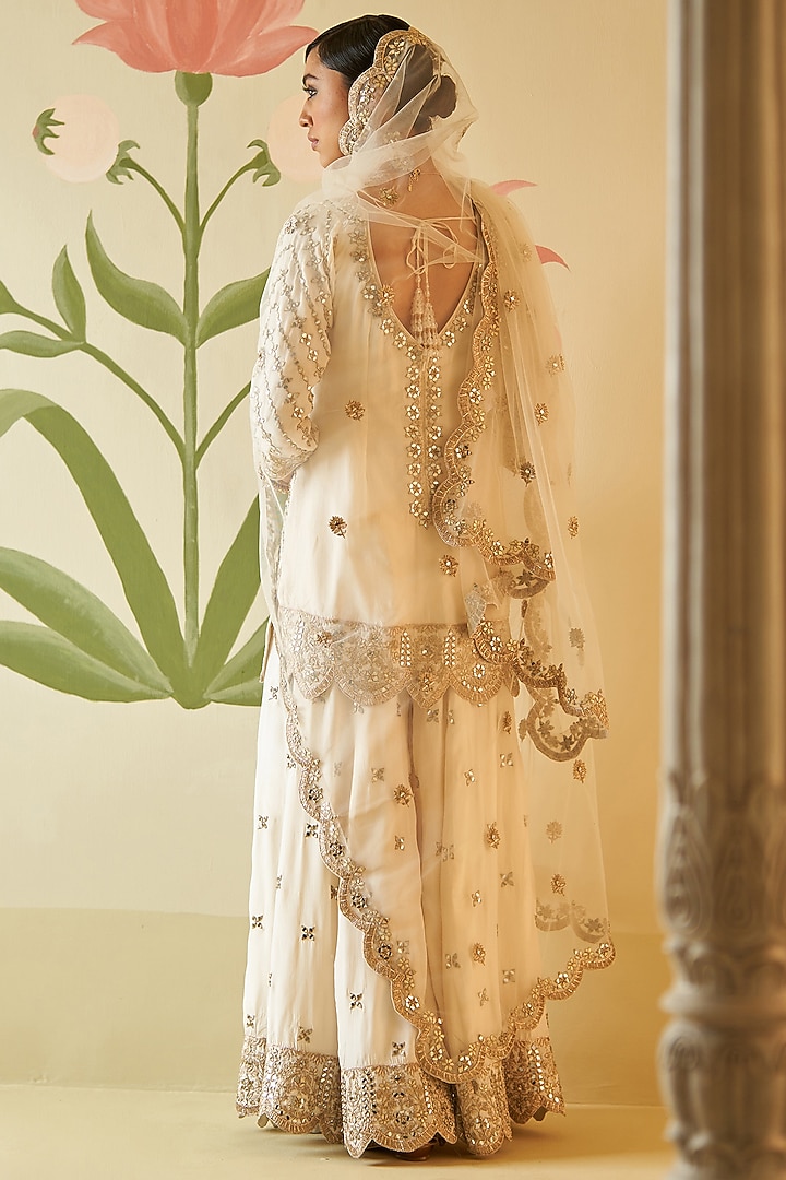 Ivory Satin Silk Mirror Work Wedding Sharara Set by Angad Singh at Pernia's Pop Up Shop