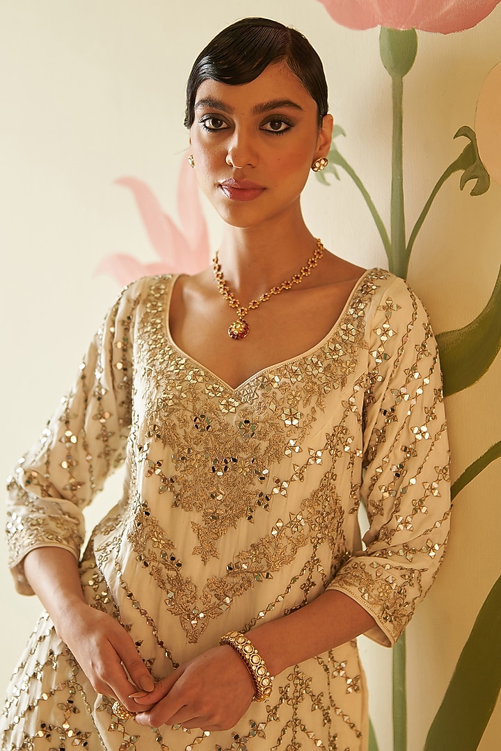 Ivory Satin Silk Mirror Work Wedding Sharara Set by Angad Singh at Pernia's Pop Up Shop