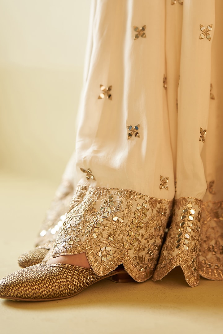 Ivory Satin Silk Mirror Work Wedding Sharara Set by Angad Singh at Pernia's Pop Up Shop