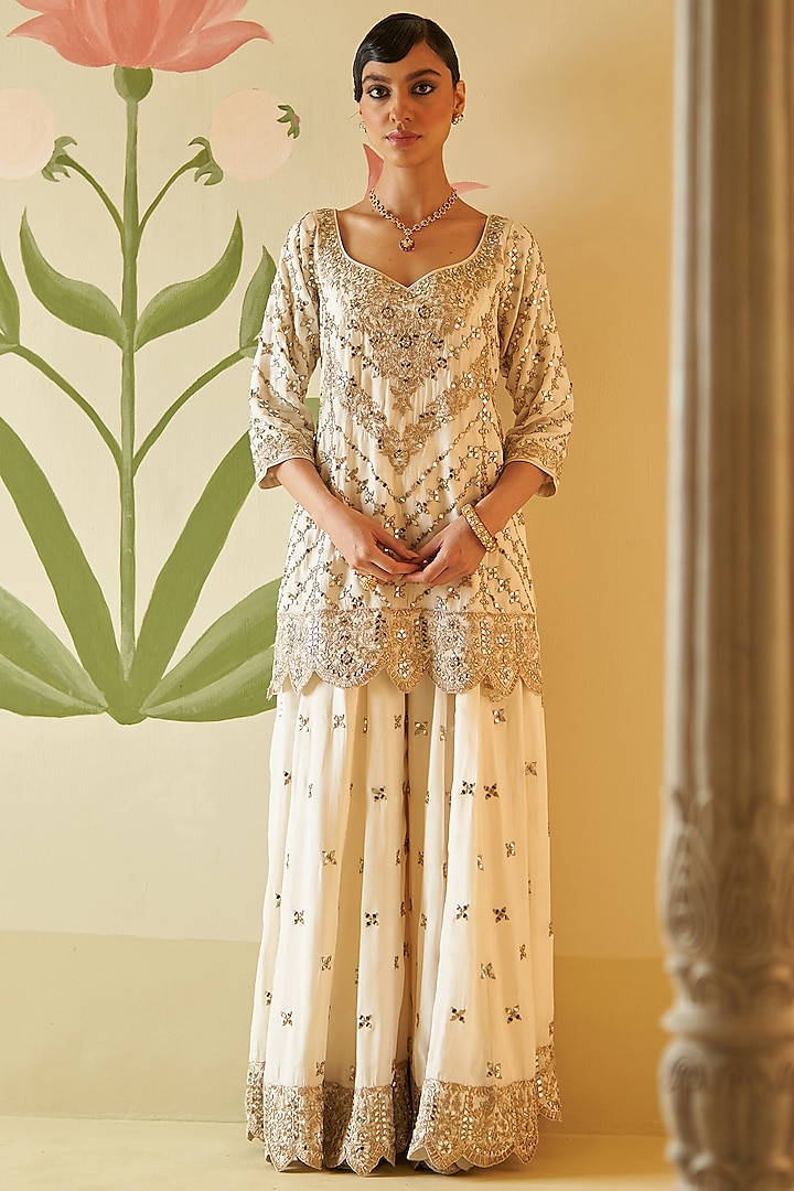 Ivory Satin Silk Mirror Work Wedding Sharara Set by Angad Singh at Pernia's Pop Up Shop