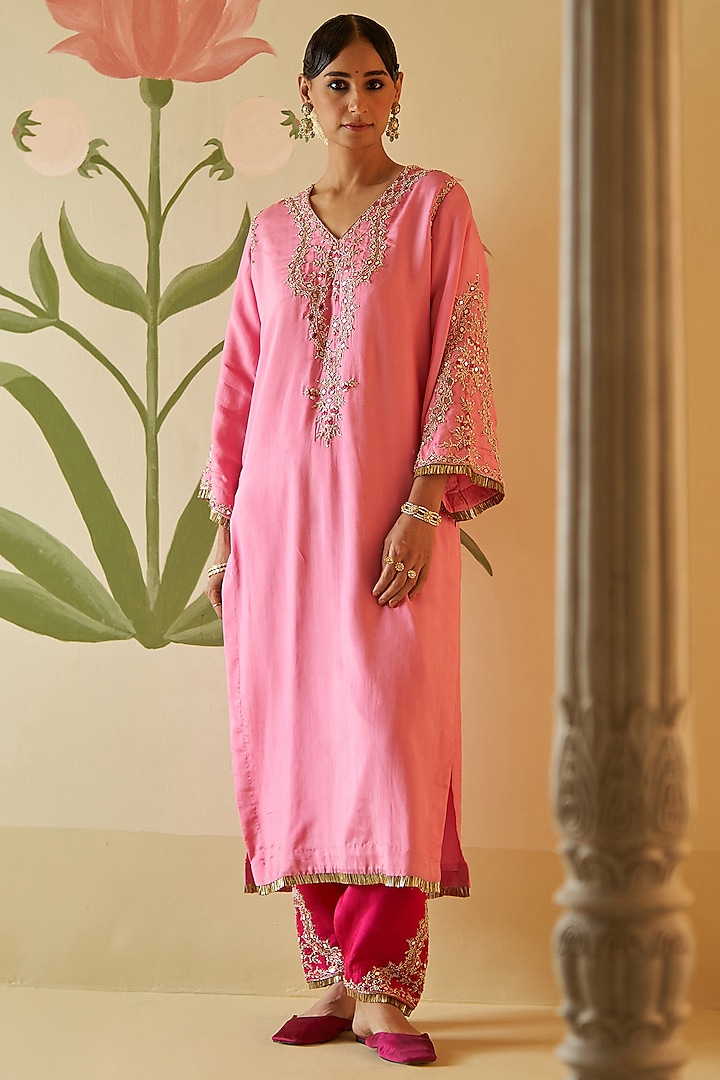 Pink Silk Dabka & Pearl Embroidered Choga Kurta Set by Angad Singh