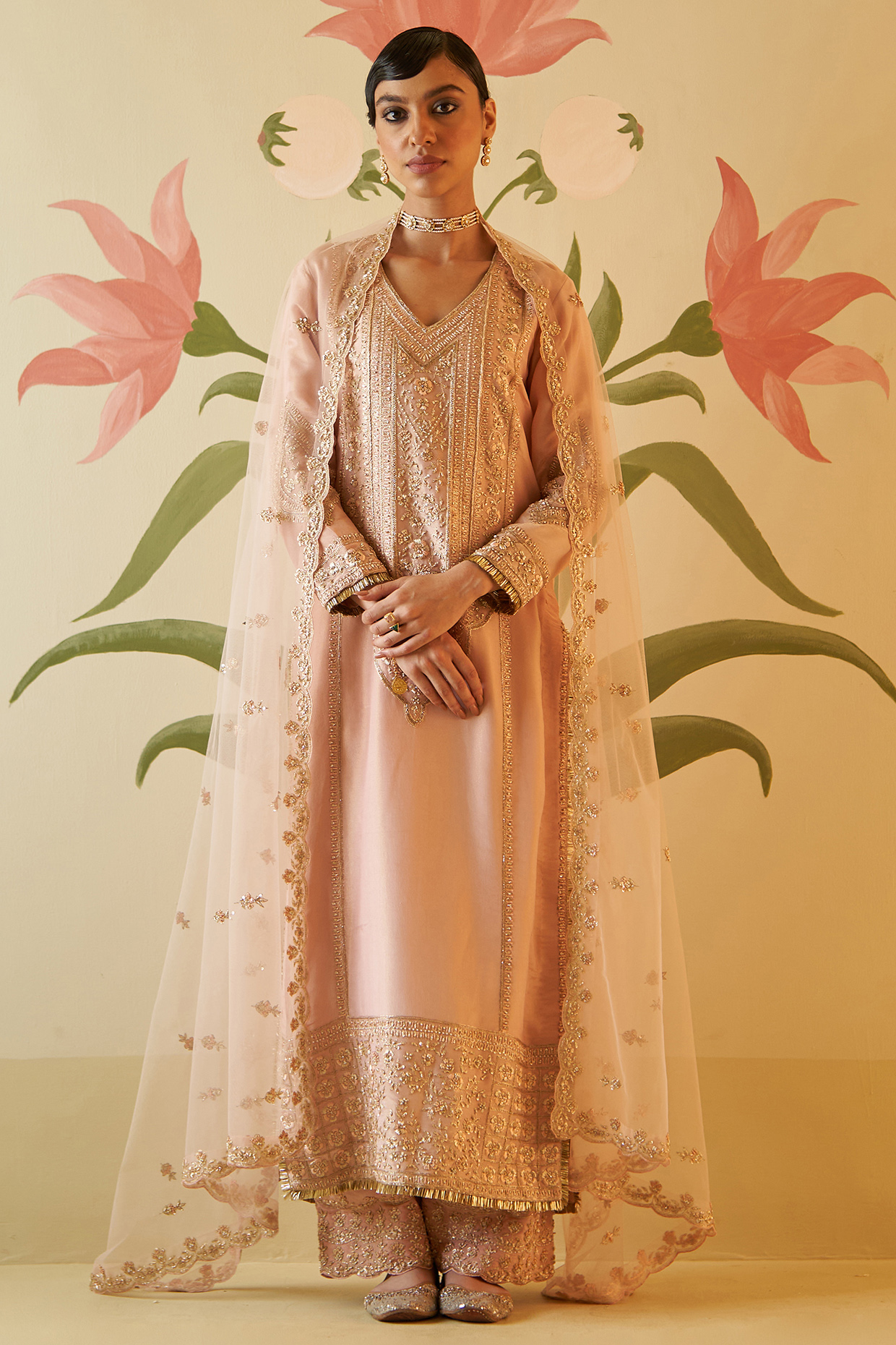 Peach Tissue Zardosi Embroidered Kurta Set by Angad Singh at Pernia's Pop Up Shop