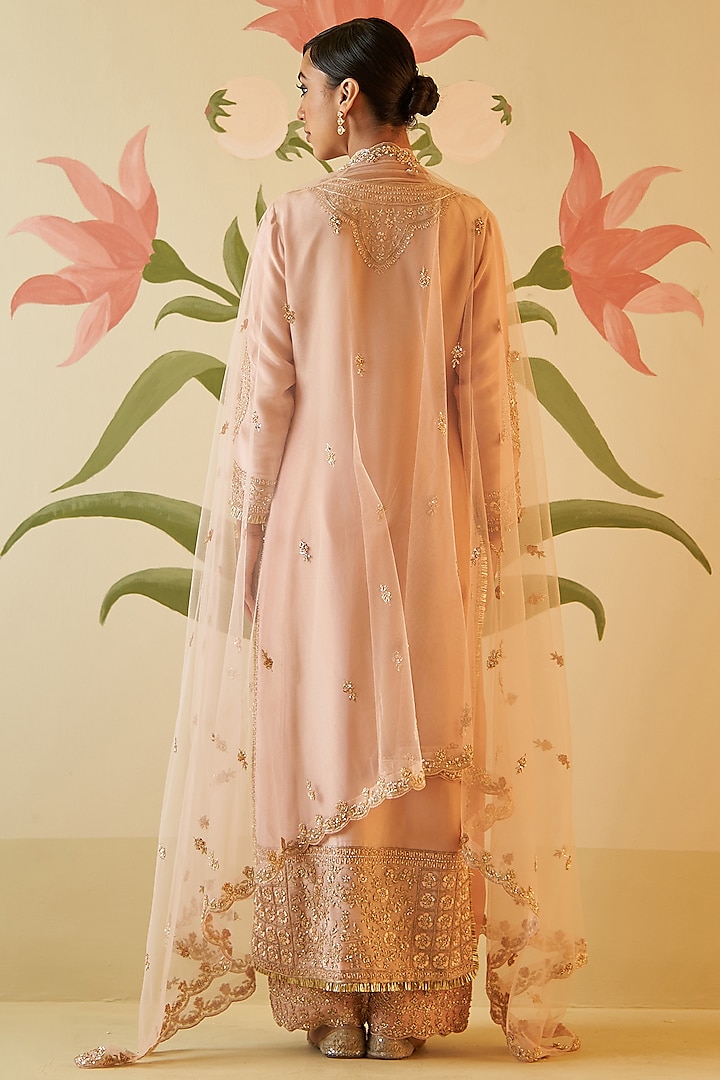 Peach Tissue Zardosi Embroidered Kurta Set by Angad Singh at Pernia's Pop Up Shop