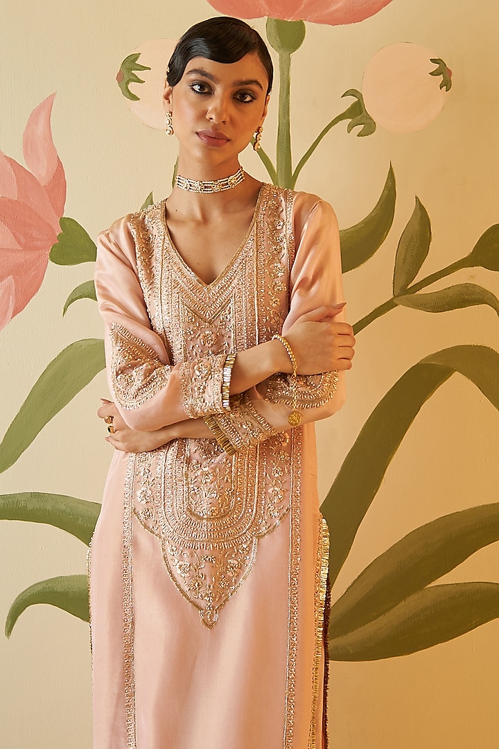 Peach Tissue Zardosi Embroidered Kurta Set by Angad Singh at Pernia's Pop Up Shop