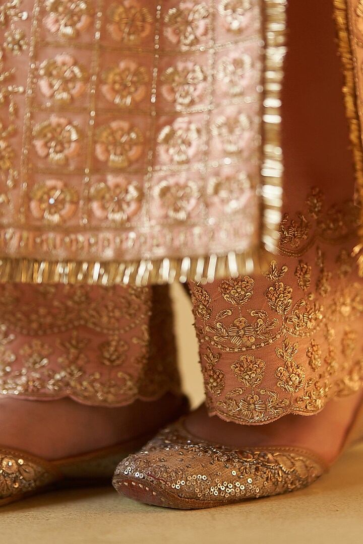 Peach Tissue Zardosi Embroidered Kurta Set by Angad Singh at Pernia's Pop Up Shop