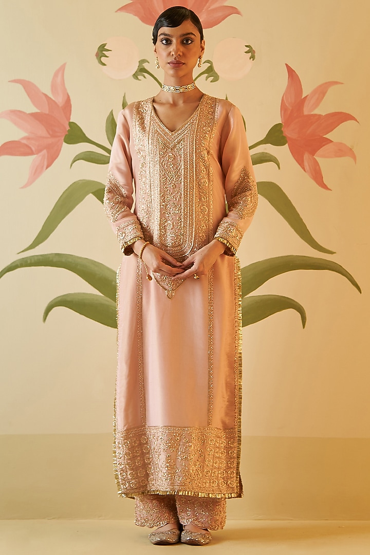 Peach Tissue Zardosi Embroidered Kurta Set by Angad Singh at Pernia's Pop Up Shop