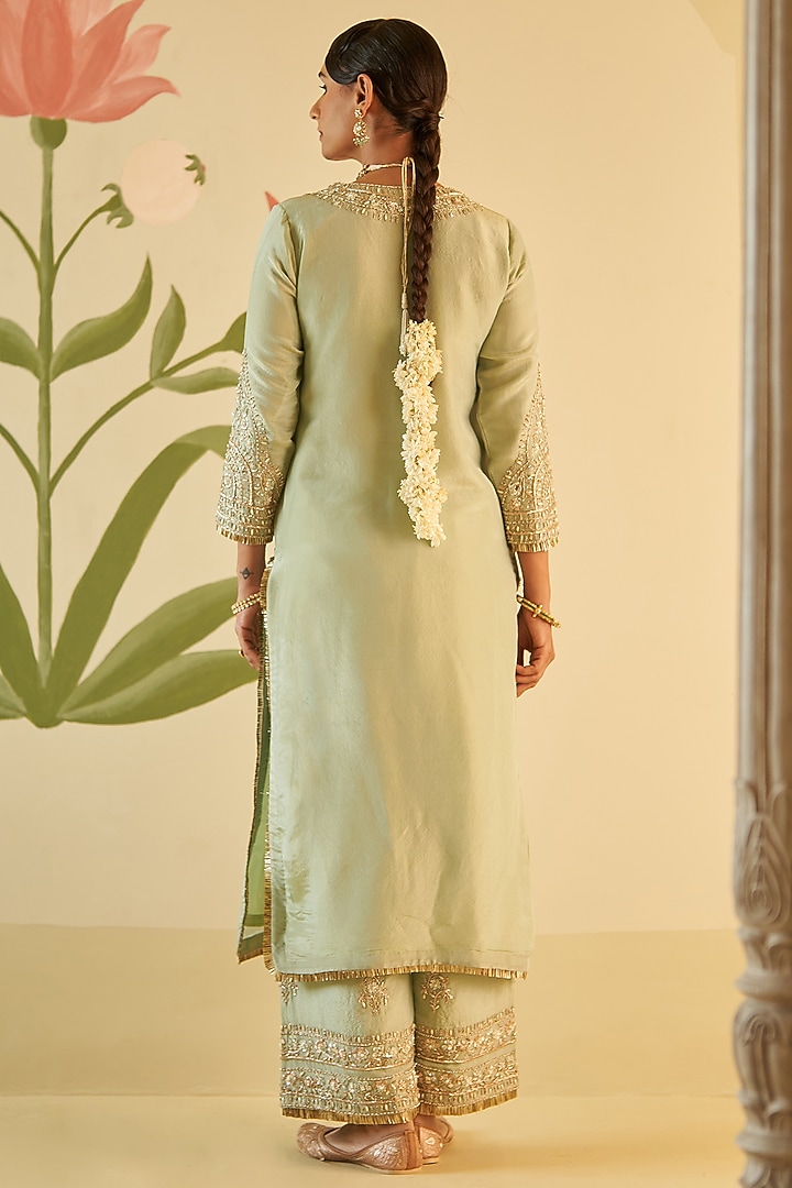 Mint Green Tissue Zardosi Embroidered Kurta Set by Angad Singh at Pernia's Pop Up Shop