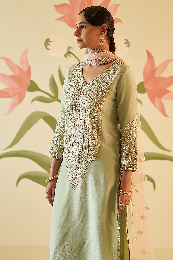 Mint Green Tissue Zardosi Embroidered Kurta Set by Angad Singh at Pernia's Pop Up Shop