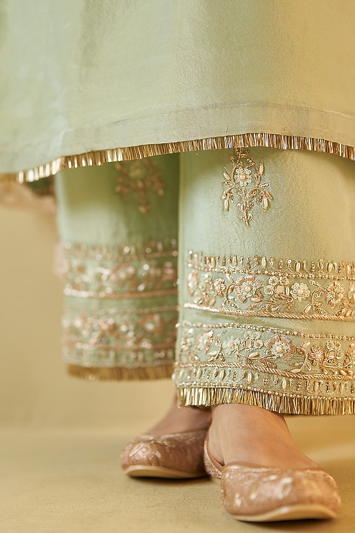 Mint Green Tissue Zardosi Embroidered Kurta Set by Angad Singh at Pernia's Pop Up Shop