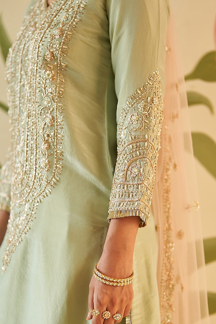 Mint Green Tissue Zardosi Embroidered Kurta Set by Angad Singh at Pernia's Pop Up Shop
