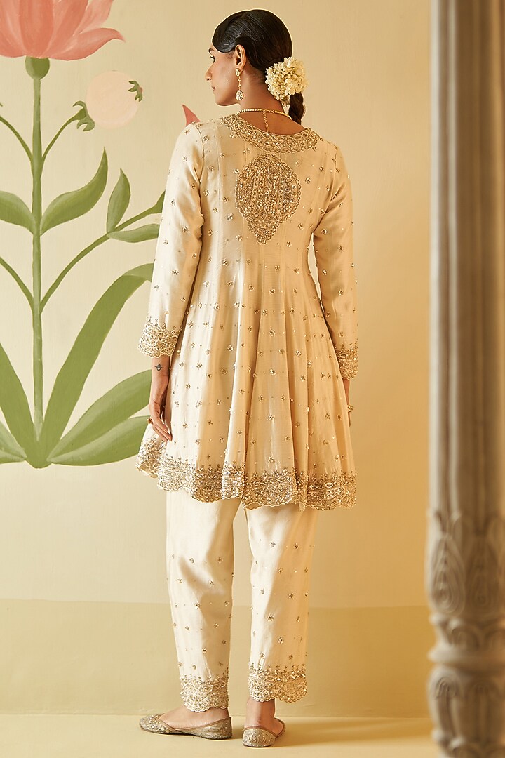 Ivory Chanderi Silk Sequins & Pearls Embroidered Bridal Anarkali Set by Angad Singh at Pernia's Pop Up Shop