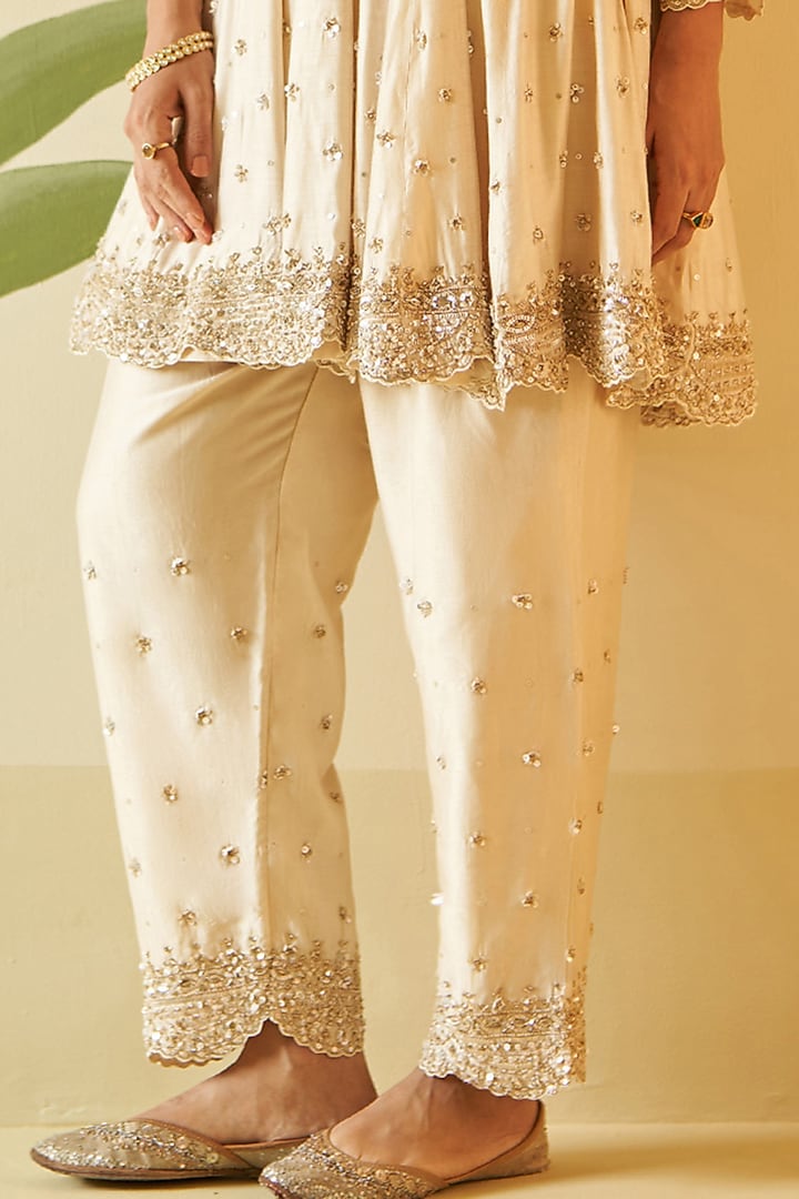 Ivory Chanderi Silk Sequins & Pearls Embroidered Bridal Anarkali Set by Angad Singh at Pernia's Pop Up Shop