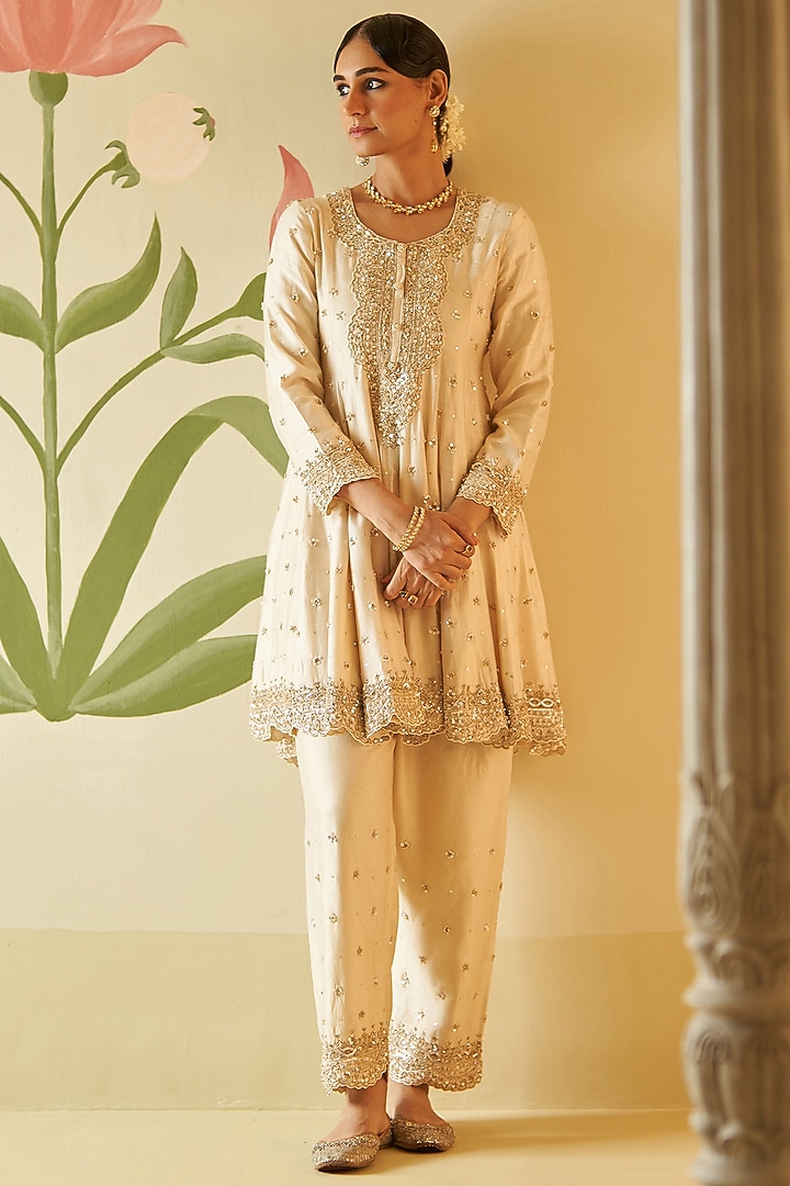 Ivory Chanderi Silk Sequins & Pearls Embroidered Bridal Anarkali Set by Angad Singh at Pernia's Pop Up Shop