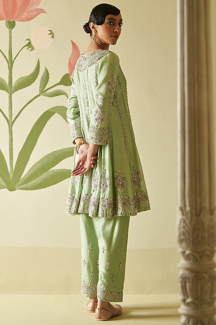 Mint Green Chanderi Silk Sequins & Cutdana Embroidered Bridal Anarkali Set by Angad Singh at Pernia's Pop Up Shop