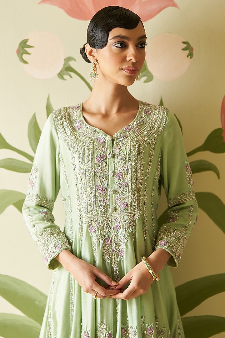 Mint Green Chanderi Silk Sequins & Cutdana Embroidered Bridal Anarkali Set by Angad Singh at Pernia's Pop Up Shop