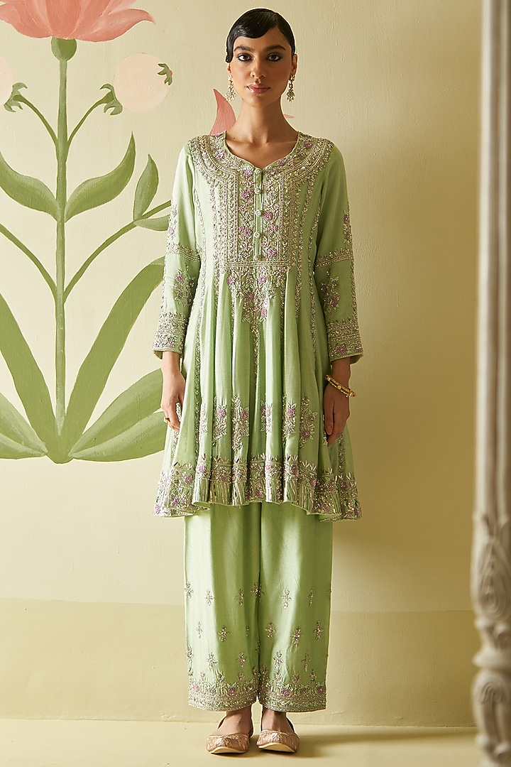 Mint Green Chanderi Silk Sequins & Cutdana Embroidered Bridal Anarkali Set by Angad Singh at Pernia's Pop Up Shop
