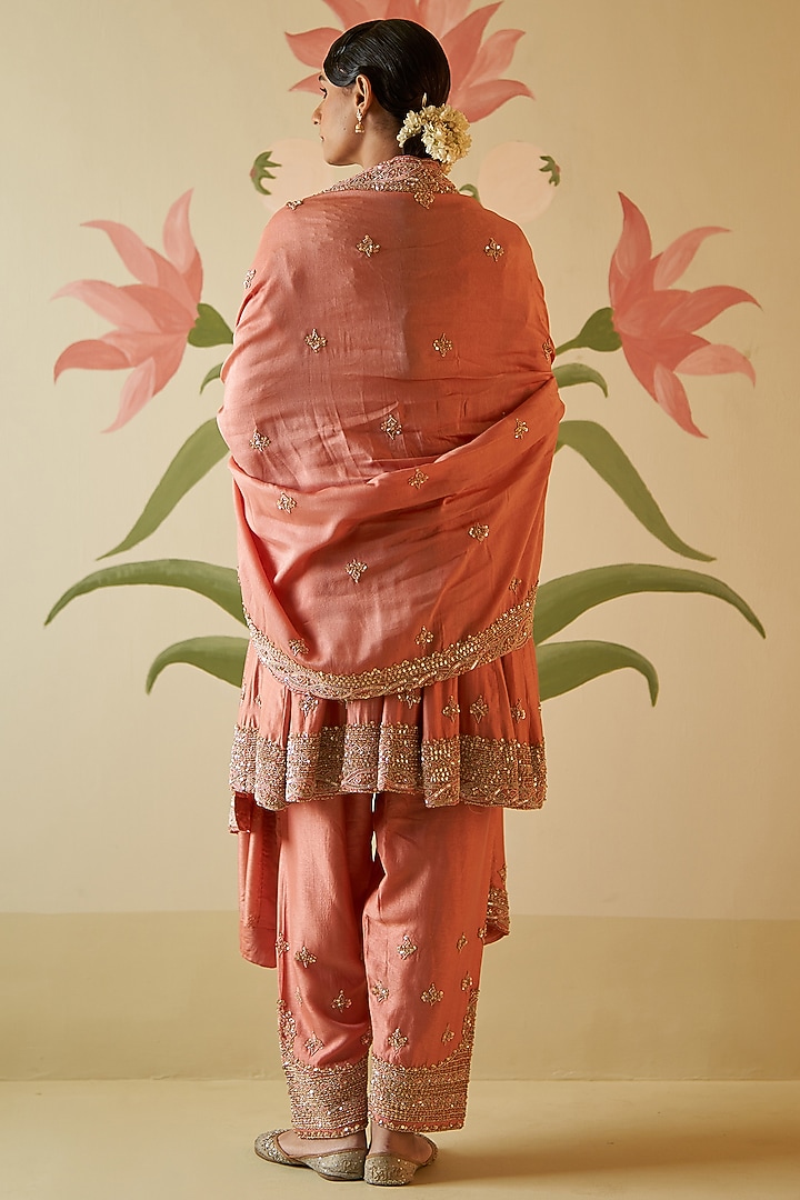Salmon Pink Chanderi Silk Sequins Embroidered Bridal Anarkali Set by Angad Singh at Pernia's Pop Up Shop