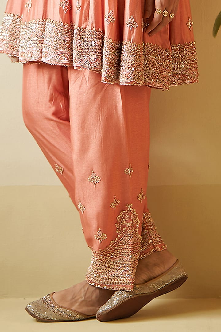 Salmon Pink Chanderi Silk Sequins Embroidered Bridal Anarkali Set by Angad Singh at Pernia's Pop Up Shop