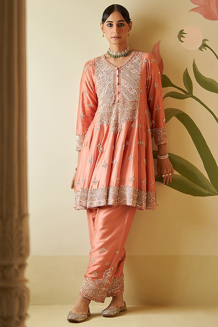 Salmon Pink Chanderi Silk Sequins Embroidered Bridal Anarkali Set by Angad Singh at Pernia's Pop Up Shop