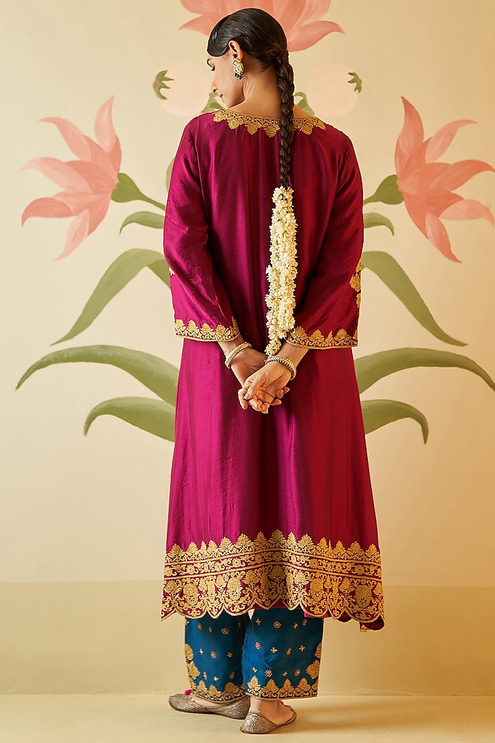 Wine Chanderi Silk Zari Embroidered Choga Kurta Set by Angad Singh at Pernia's Pop Up Shop