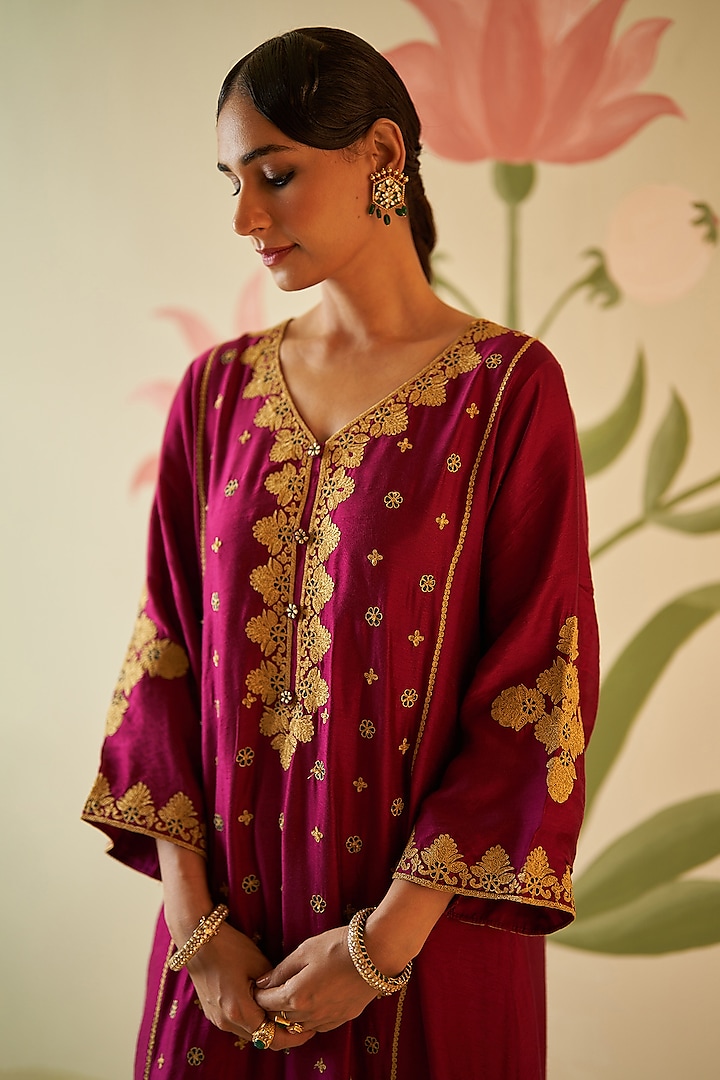 Wine Chanderi Silk Zari Embroidered Choga Kurta Set by Angad Singh at Pernia's Pop Up Shop