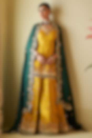 Mustard Yellow Satin Zari Embroidered Bridal Sharara Set by Angad Singh at Pernia's Pop Up Shop