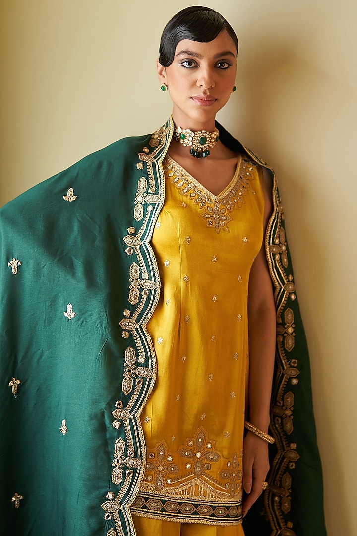 Mustard Yellow Satin Zari Embroidered Bridal Sharara Set by Angad Singh at Pernia's Pop Up Shop