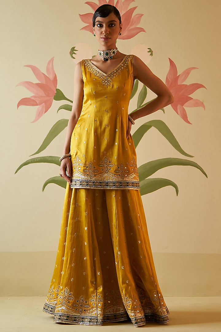 Mustard Yellow Satin Zari Embroidered Bridal Sharara Set by Angad Singh at Pernia's Pop Up Shop