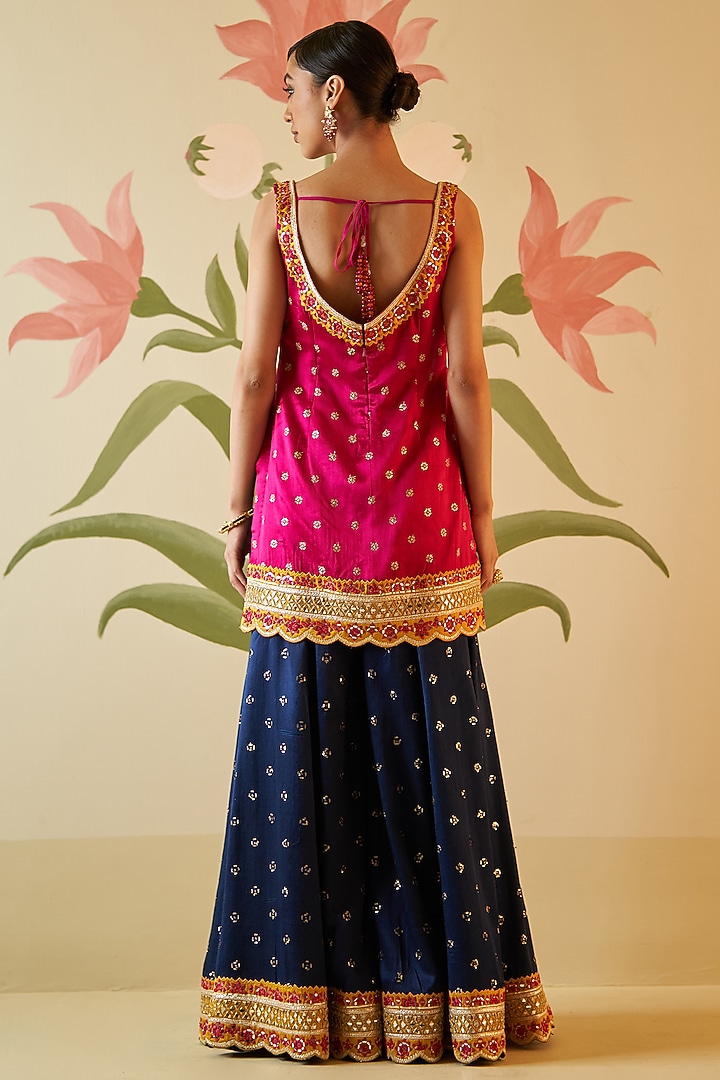 Midnight Blue Satin Zari Embroidered Bridal Sharara Set by Angad Singh at Pernia's Pop Up Shop