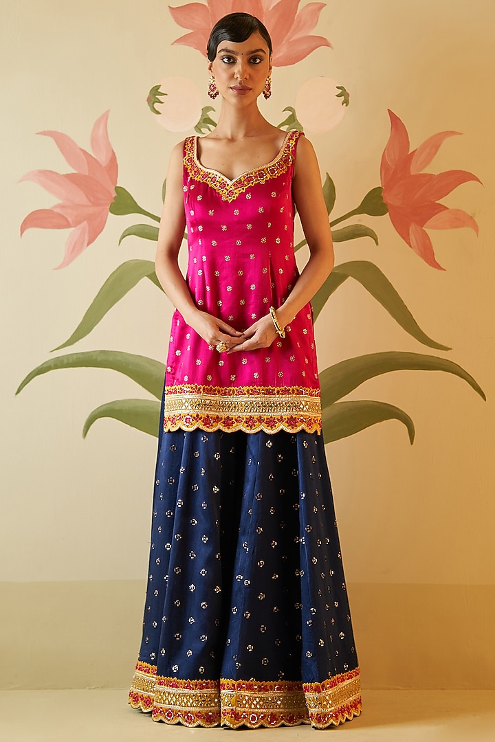 Midnight Blue Satin Zari Embroidered Bridal Sharara Set by Angad Singh at Pernia's Pop Up Shop