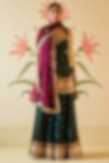 Green Satin Silk Zari Embroidered Bridal Sharara Set by Angad Singh at Pernia's Pop Up Shop