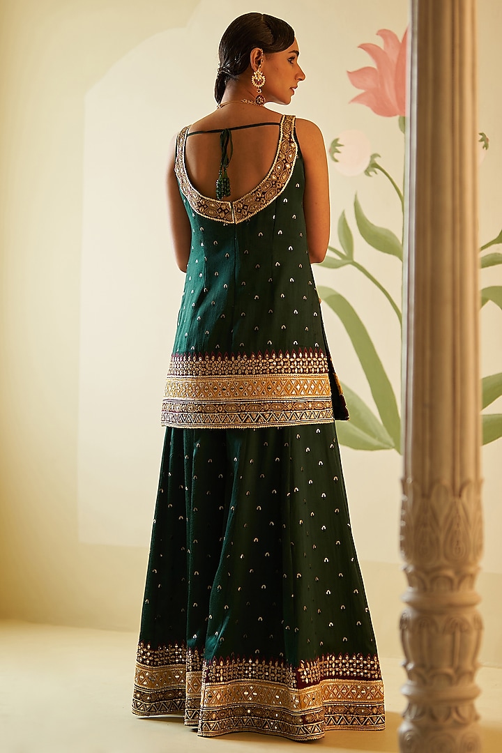 Green Satin Silk Zari Embroidered Bridal Sharara Set by Angad Singh at Pernia's Pop Up Shop