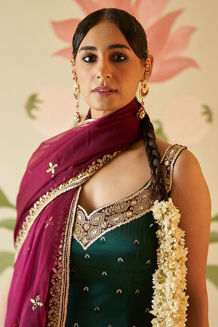 Green Satin Silk Zari Embroidered Bridal Sharara Set by Angad Singh at Pernia's Pop Up Shop