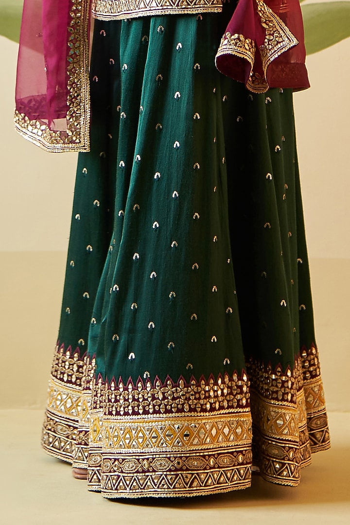 Green Satin Silk Zari Embroidered Bridal Sharara Set by Angad Singh at Pernia's Pop Up Shop