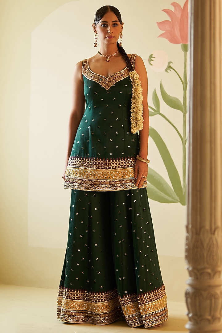 Green Satin Silk Zari Embroidered Bridal Sharara Set by Angad Singh at Pernia's Pop Up Shop