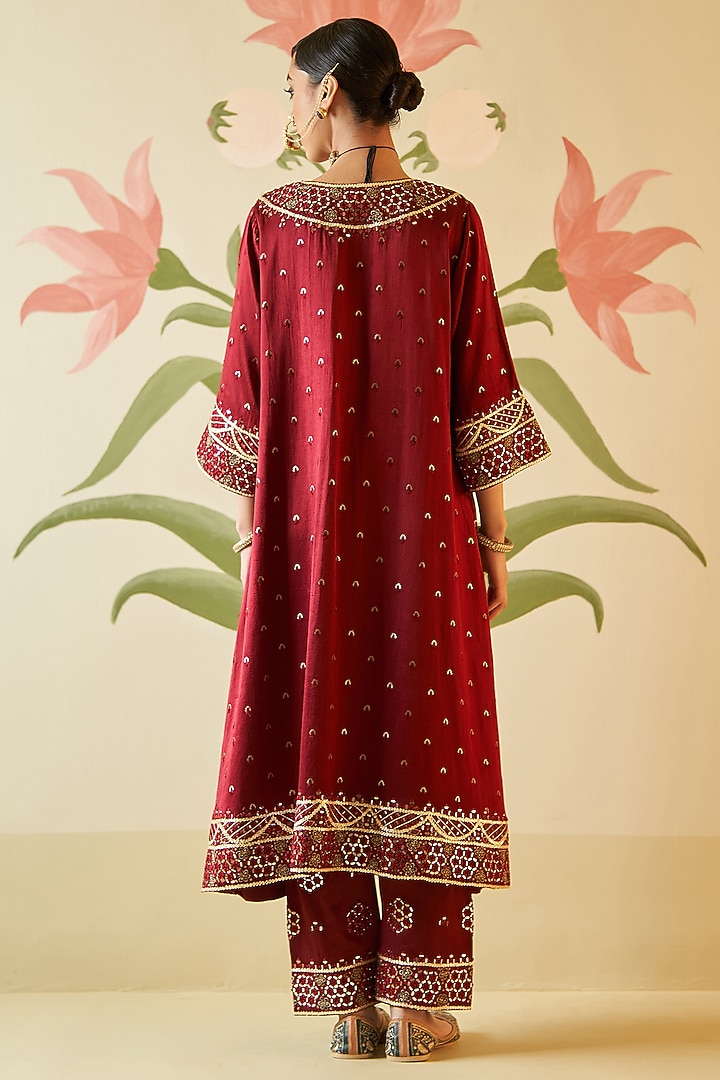 Maroon Satin Silk Zari Embroidered Choga Kurta Set by Angad Singh at Pernia's Pop Up Shop