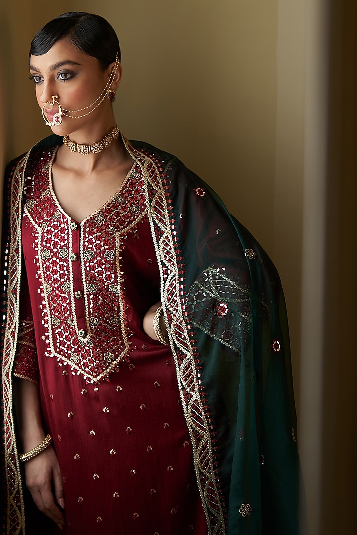 Maroon Satin Silk Zari Embroidered Choga Kurta Set by Angad Singh at Pernia's Pop Up Shop