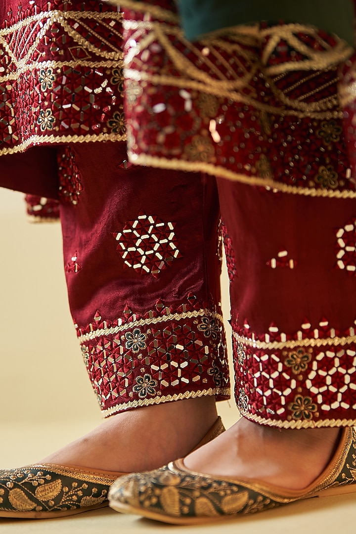 Maroon Satin Silk Zari Embroidered Choga Kurta Set by Angad Singh at Pernia's Pop Up Shop