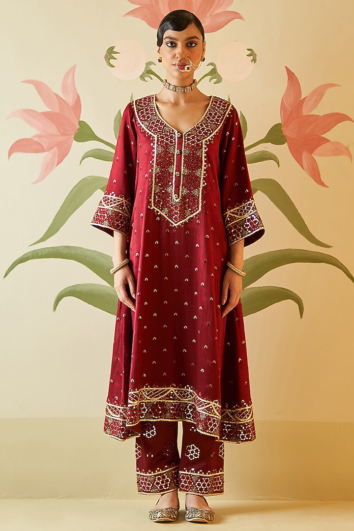 Maroon Satin Silk Zari Embroidered Choga Kurta Set by Angad Singh at Pernia's Pop Up Shop