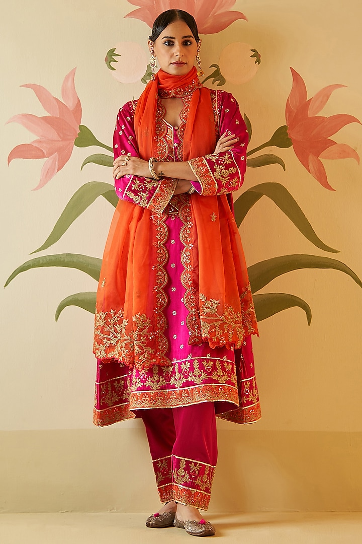 Rani Pink Satin Gota Patti & Applique Embroidered Choga Kurta Set by Angad Singh