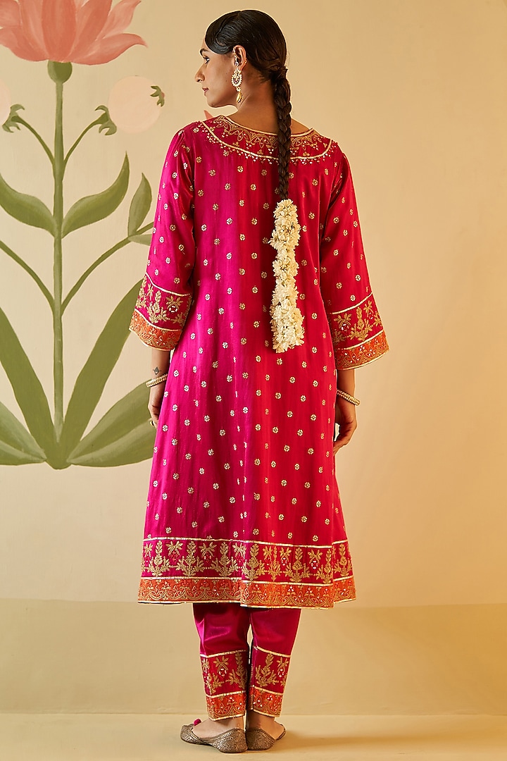 Rani Pink Satin Gota Patti & Applique Embroidered Choga Kurta Set by Angad Singh at Pernia's Pop Up Shop