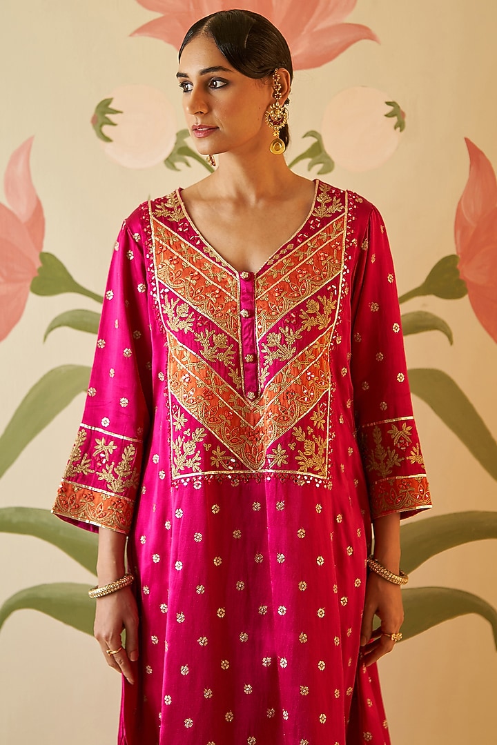 Rani Pink Satin Gota Patti & Applique Embroidered Choga Kurta Set by Angad Singh at Pernia's Pop Up Shop