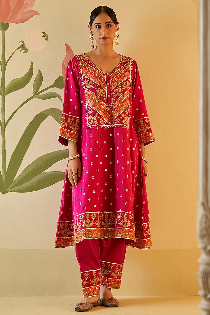 Rani Pink Satin Gota Patti & Applique Embroidered Choga Kurta Set by Angad Singh at Pernia's Pop Up Shop